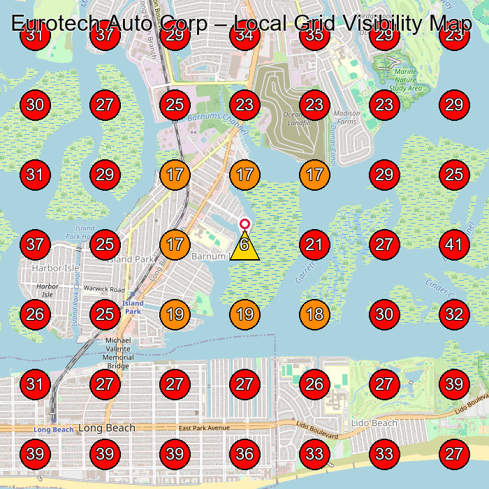 Eurotech Auto Corp GeoGrid visibility map for Car Dealer in Island Park